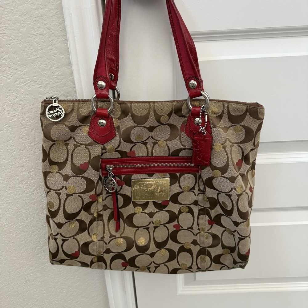 Coach Poppy purse Glam Secret Admirer Tote  HandBag Red Hearts Gold Dots vintage